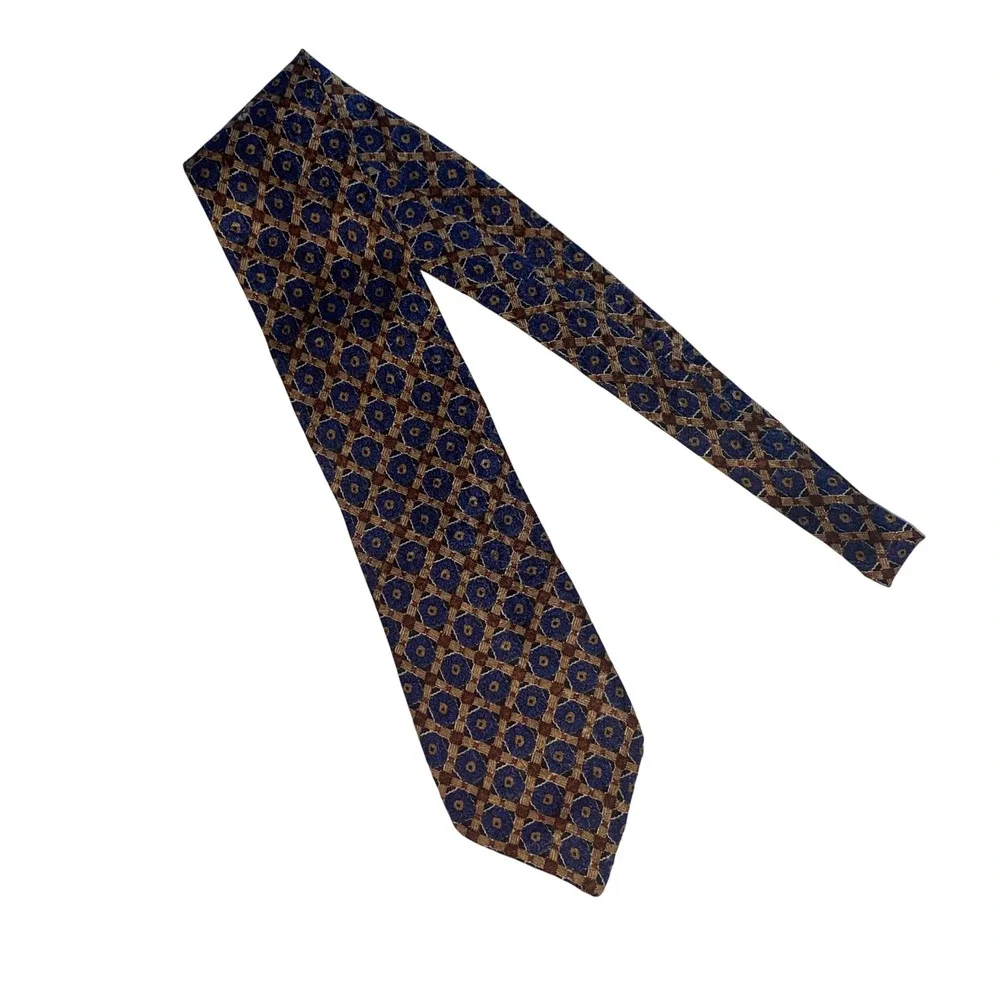 RICHEL Hand Made in Spain Men's Necktie Blue‎ Brown Geometric Pattern